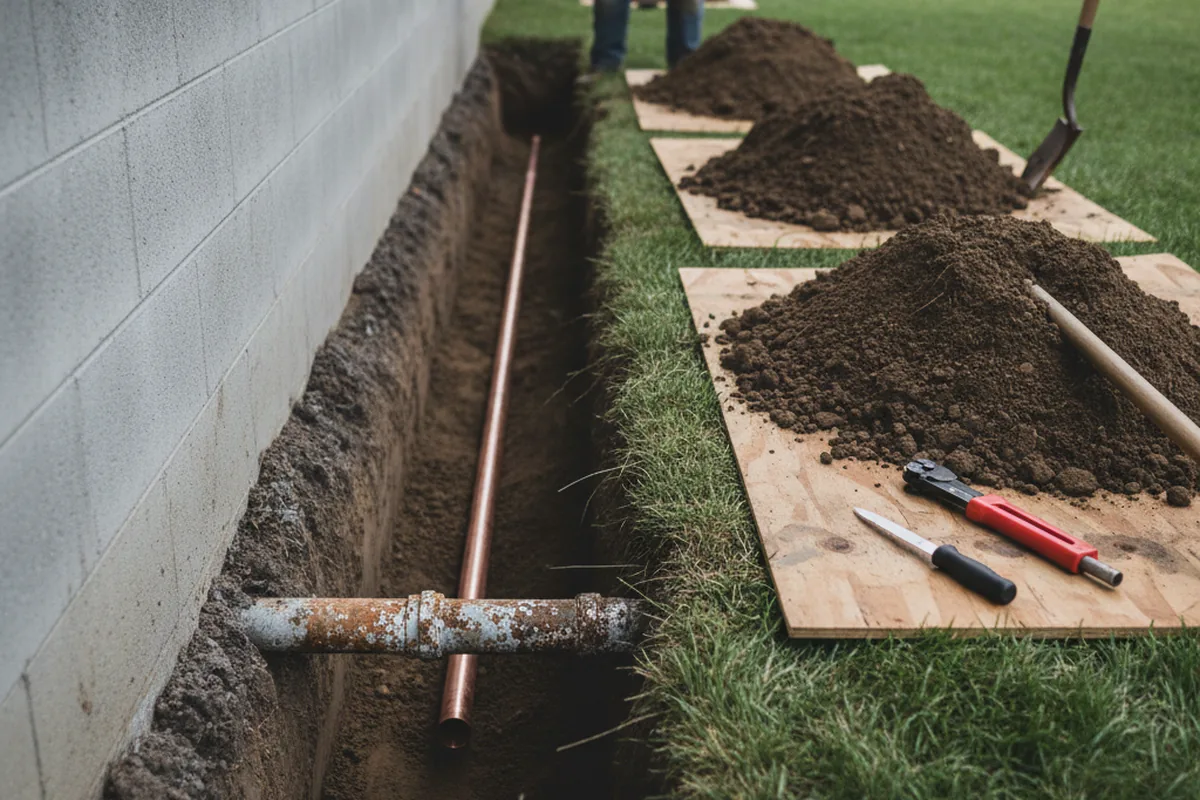 Excavated water line trench during Water Softener Installation in Gallup